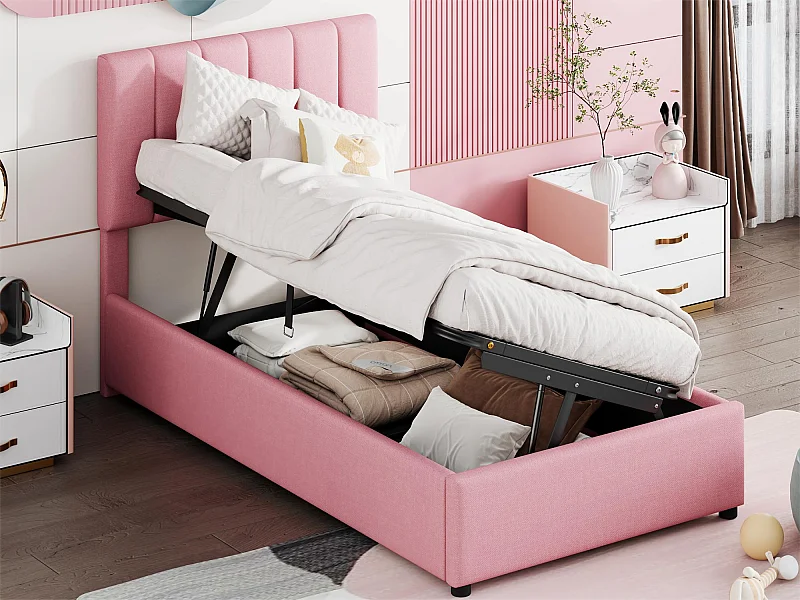 Opbergbed 90 x 200 cm met opbergruimte - linnenstof - lattenbodem - voor kinderen - roze