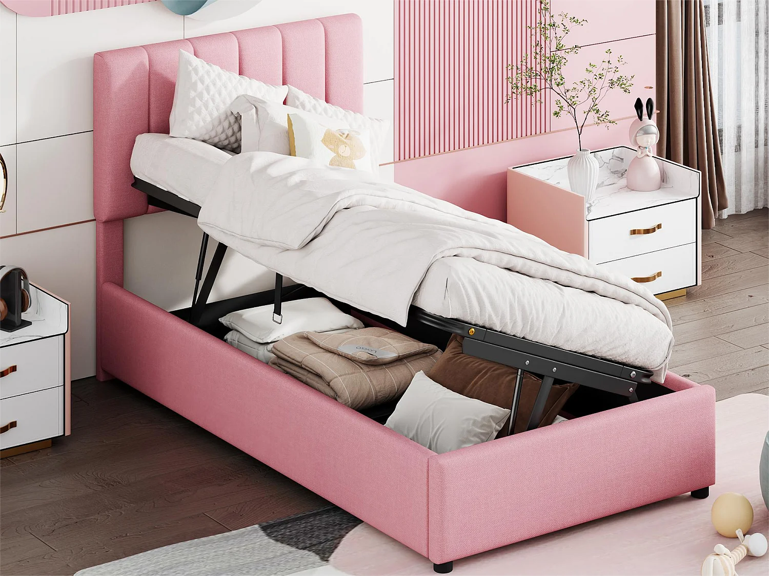 Cama contenedor 90 x 200 cm con espacio de almacenamiento - tejido de lino - somier de láminas - para niños - rosa
