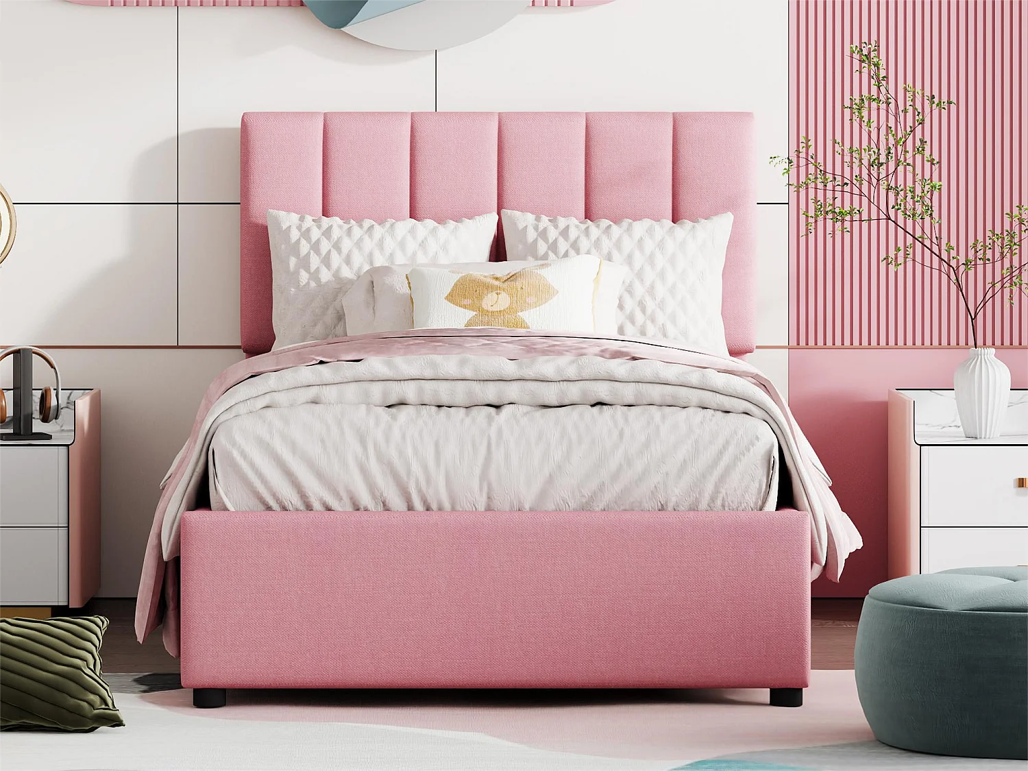 Cama contenedor 90 x 200 cm con espacio de almacenamiento - tejido de lino - somier de láminas - para niños - rosa