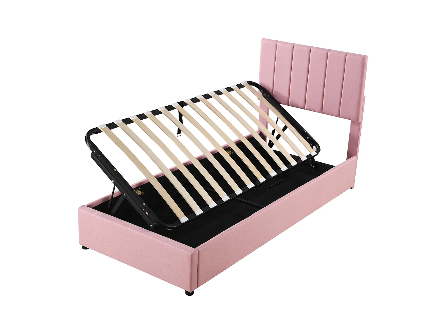 Cama contenedor 90 x 200 cm con espacio de almacenamiento - tejido de lino - somier de láminas - para niños - rosa