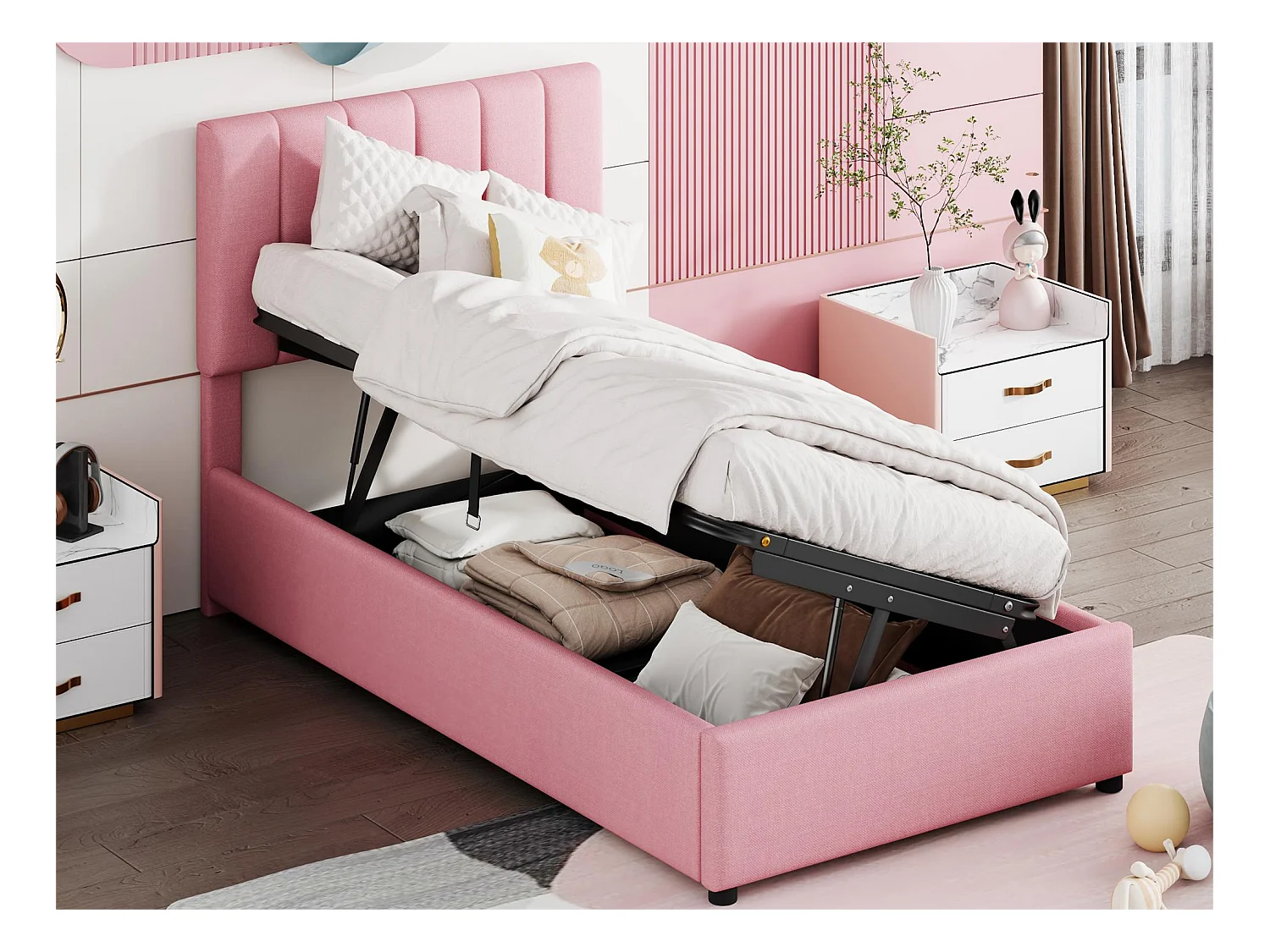 Lit coffre 90 x 200 cm avec espace de rangement - tissu lin - sommier à lattes - pour enfant - rose