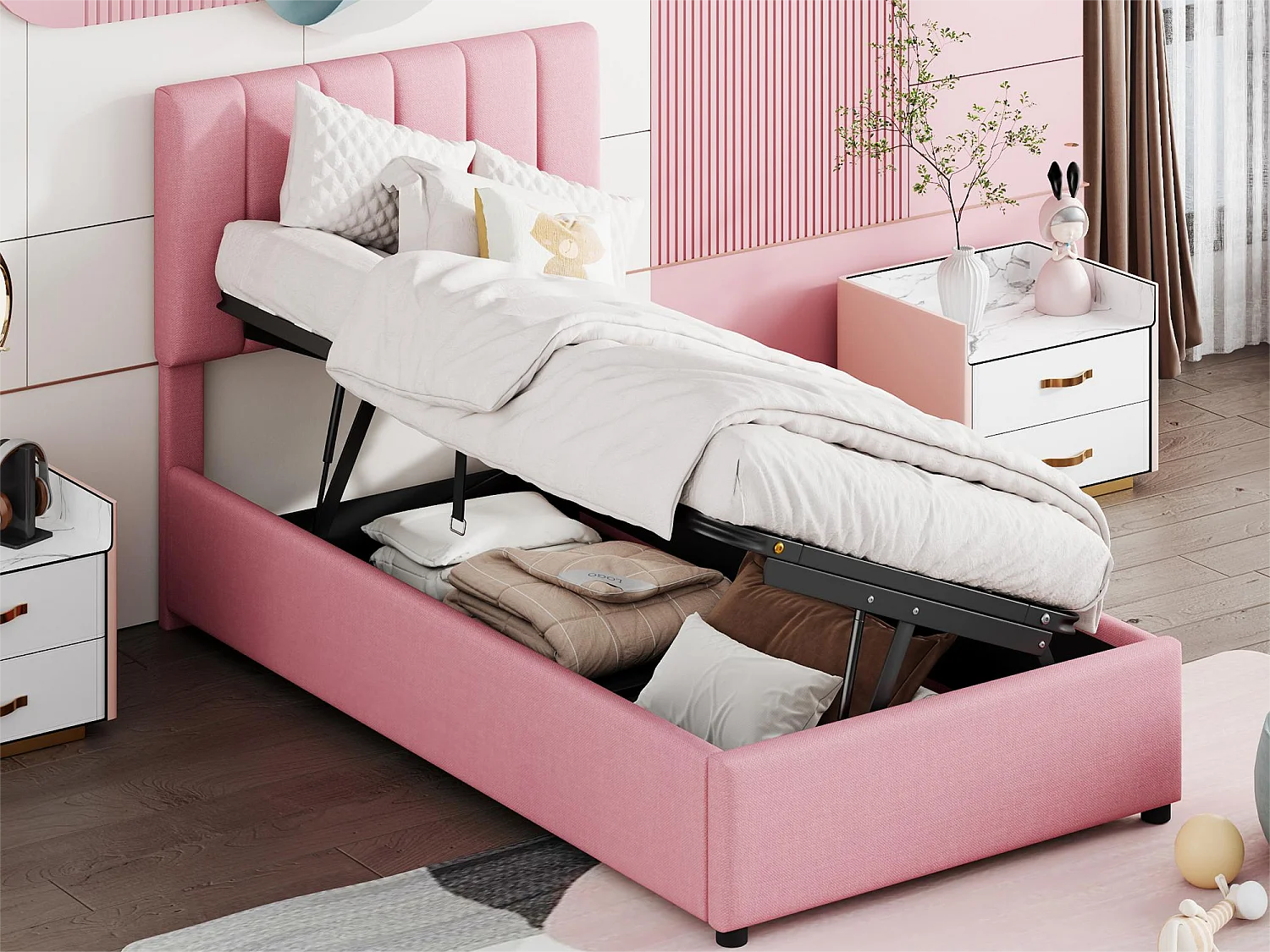 Stauraumbett 90 x 200 cm mit Stauraum – Leinenstoff – Lattenrost – für Kinder – Rosa