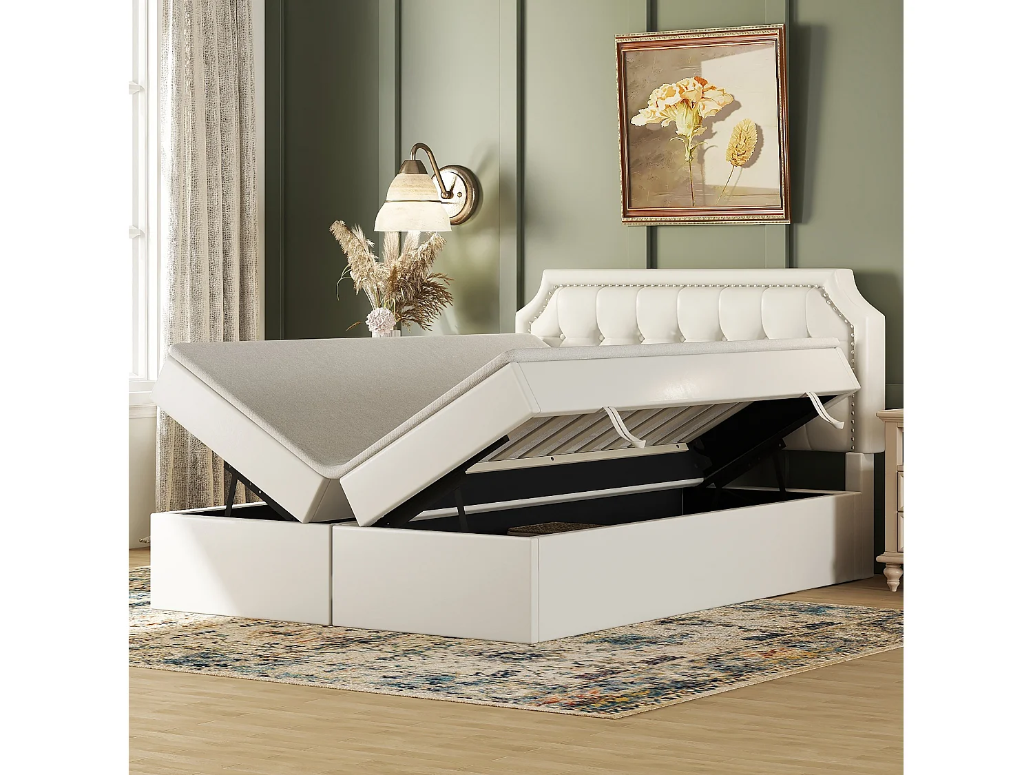 Opbergbed voor volwassenen, 140 x 200 cm, bekleed met imitatieleer, inclusief lattenbodem, wit