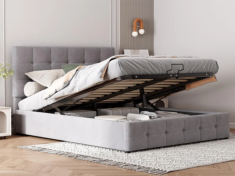 Stauraumbett mit verstellbarem Kopfteil – 140 x 200 cm – Samt – skandinavischer Stil – Grau