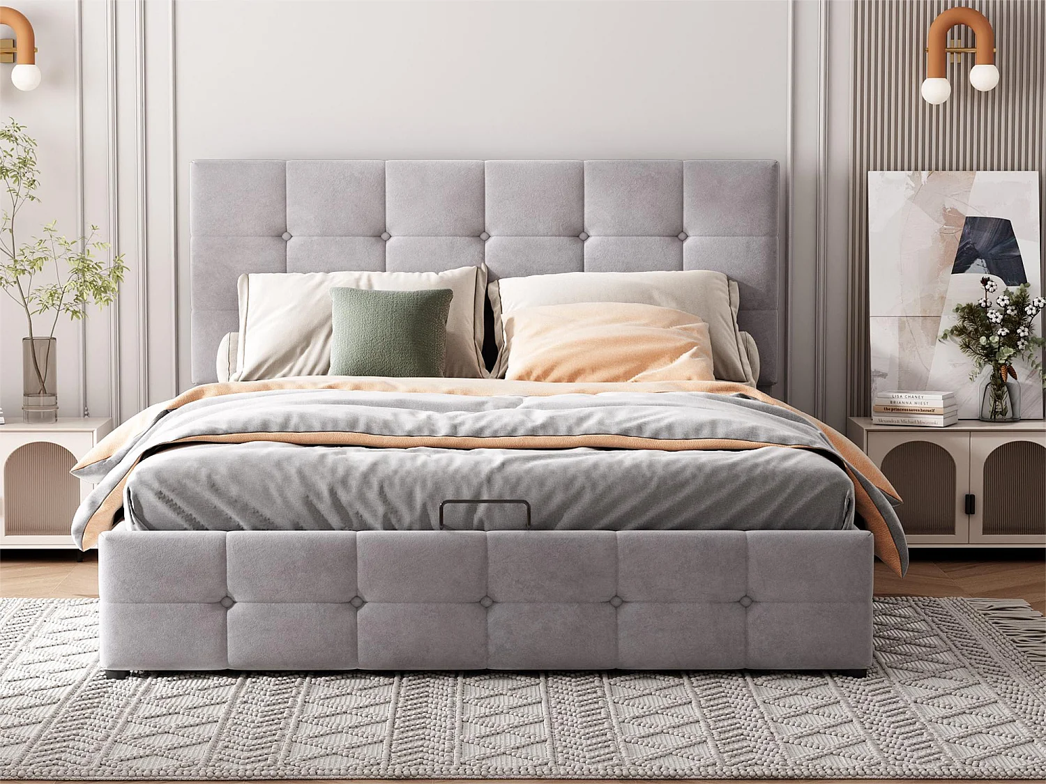 Lit coffre avec tête de lit réglable - 140 x 200 cm - velours - style scandinave - gris