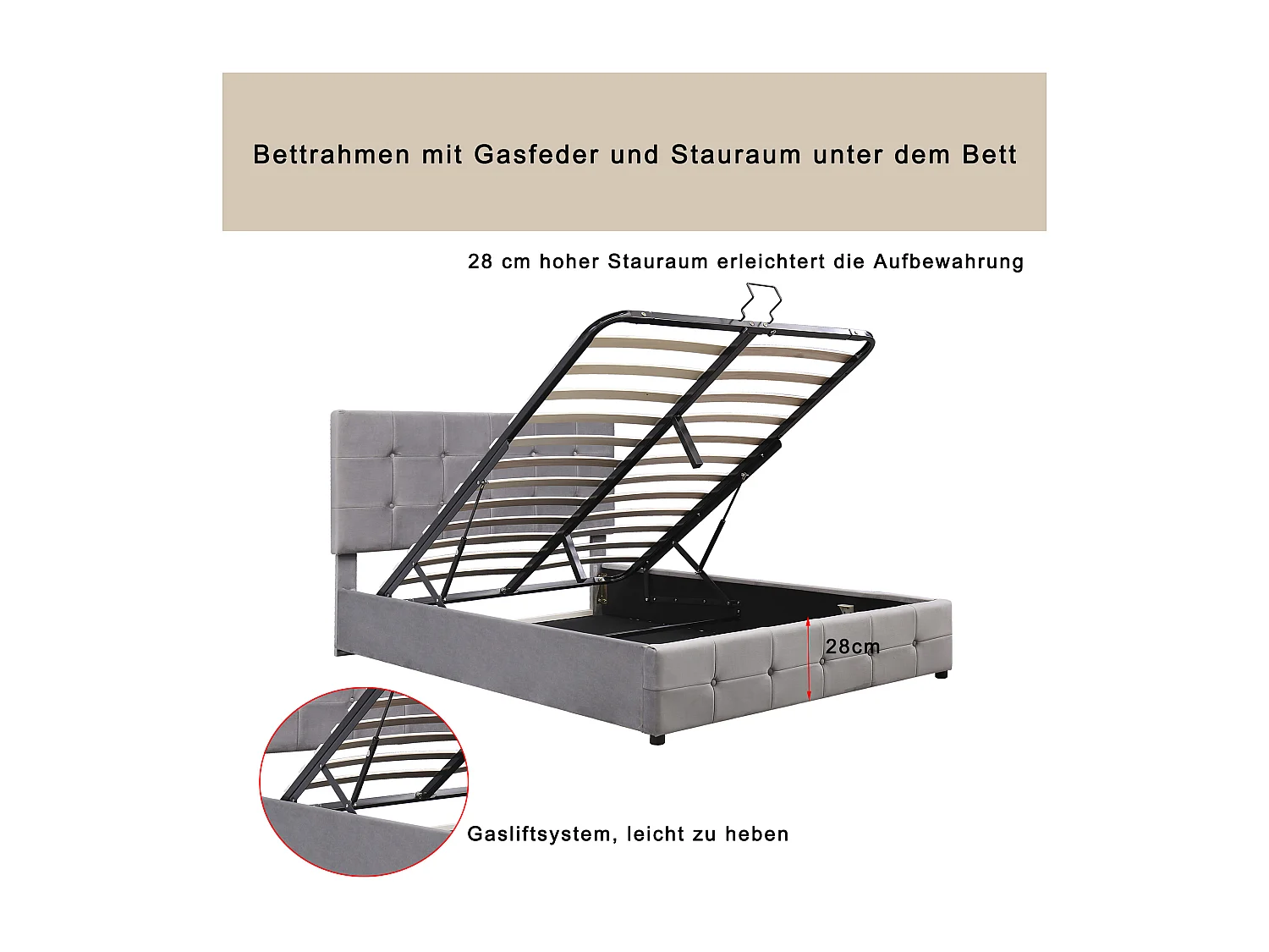 Lit coffre avec tête de lit réglable - 140 x 200 cm - velours - style scandinave - gris