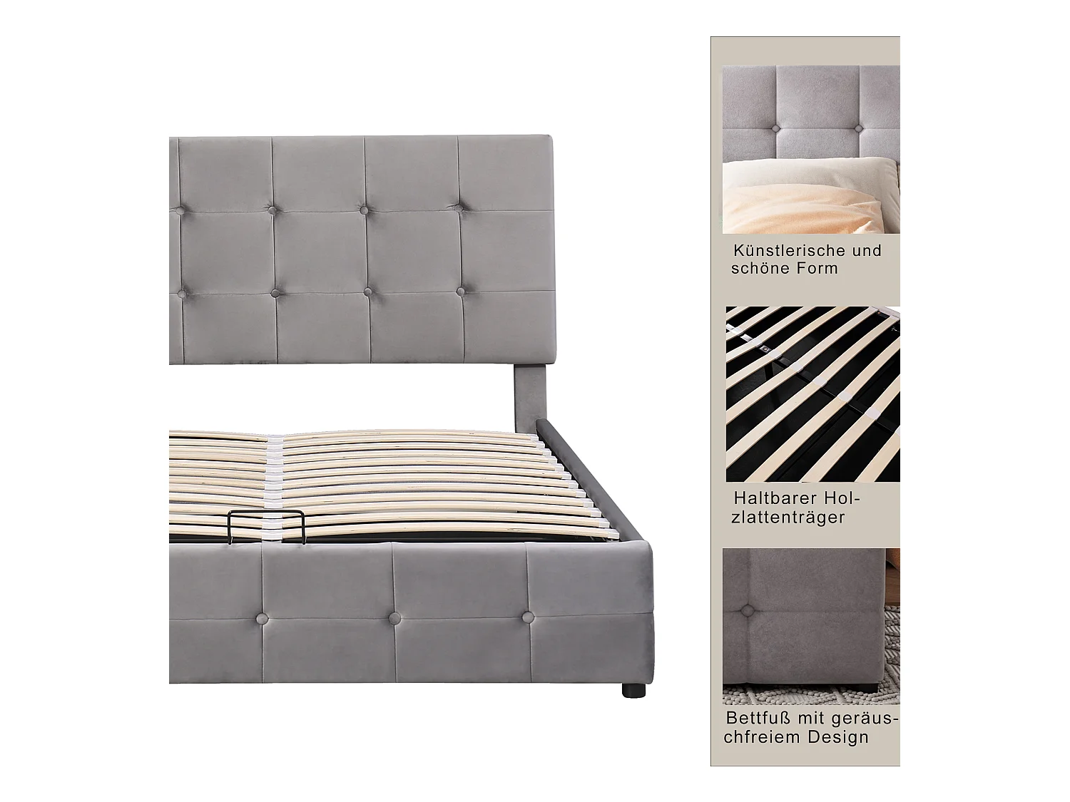 Lit coffre avec tête de lit réglable - 140 x 200 cm - velours - style scandinave - gris