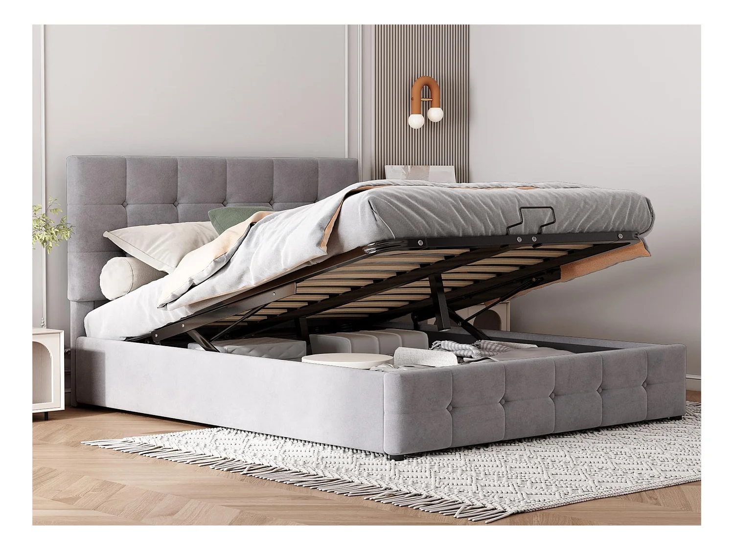 Stauraumbett mit verstellbarem Kopfteil – 140 x 200 cm – Samt – skandinavischer Stil – Grau