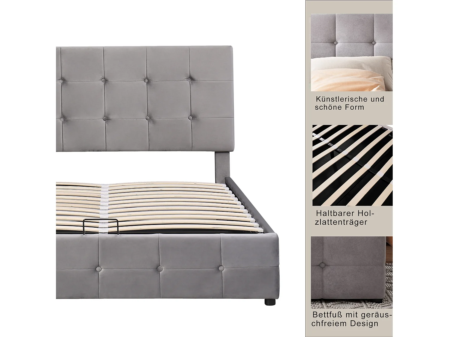 Lit coffre avec tête de lit réglable - 140 x 200 cm - velours - style scandinave - gris