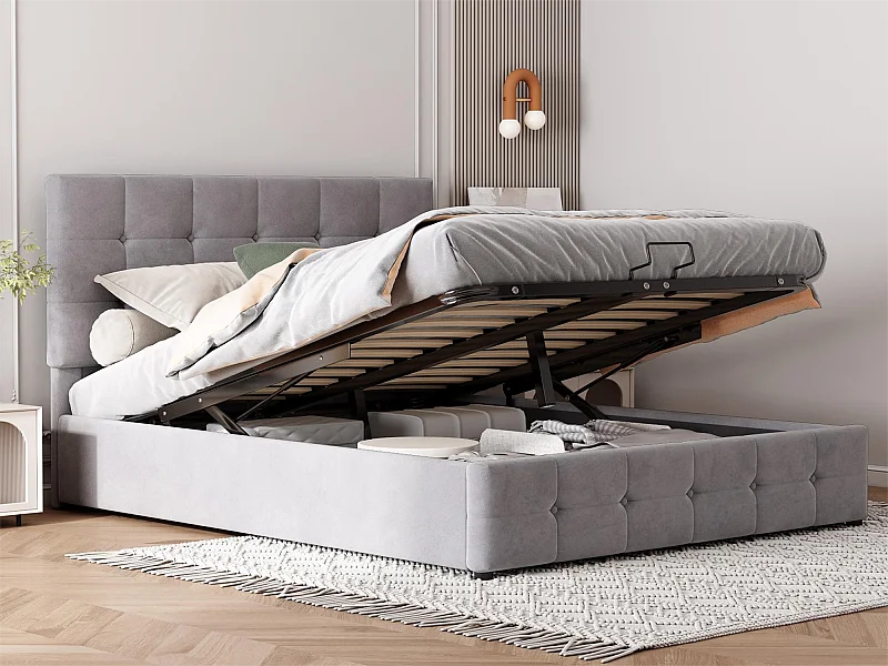 Lit coffre avec tête de lit réglable - 140 x 200 cm - velours - style scandinave - gris