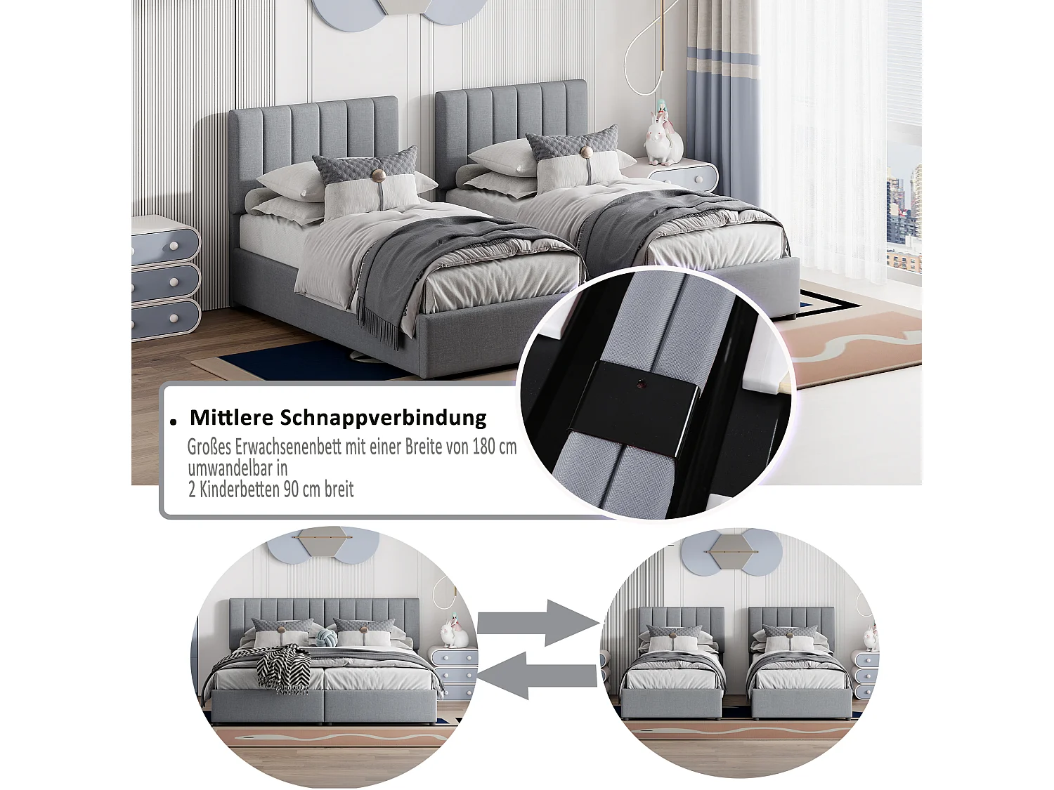 Cama de armazenamento 180 x 200 cm/2 x 90 x 200 cm com cabeceira - cama modular - abertura lateral - tecido de linho - cinza