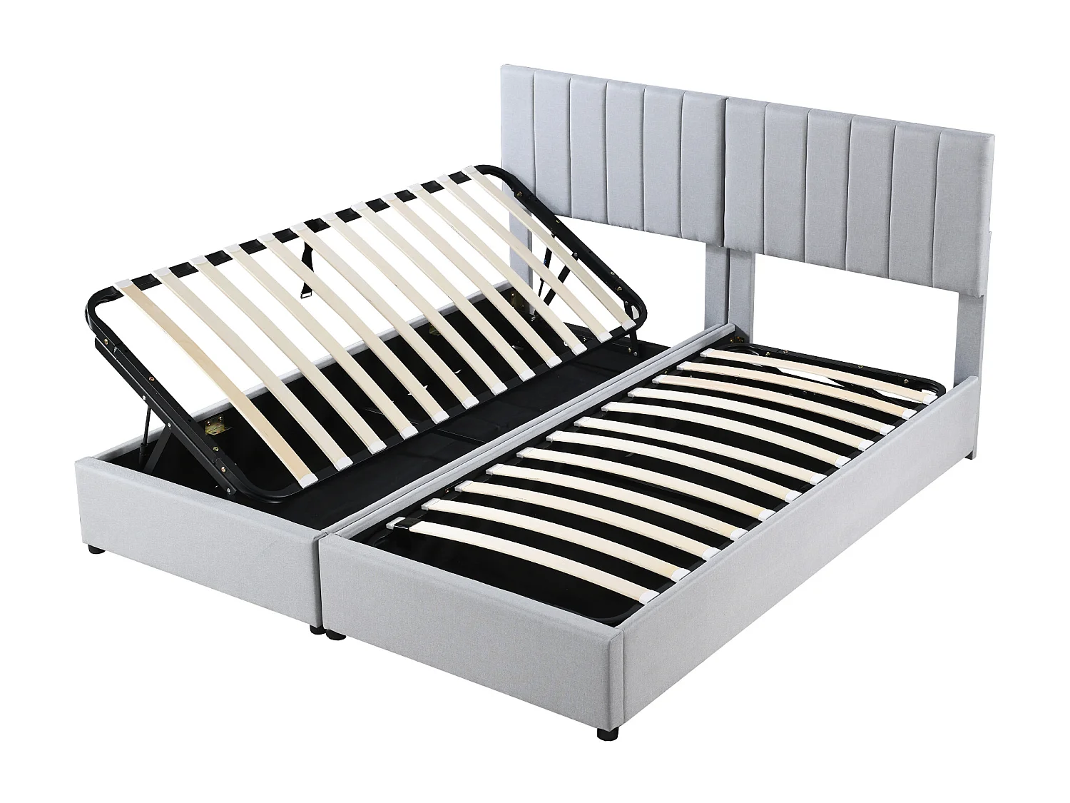 Cama de armazenamento 180 x 200 cm/2 x 90 x 200 cm com cabeceira - cama modular - abertura lateral - tecido de linho - cinza