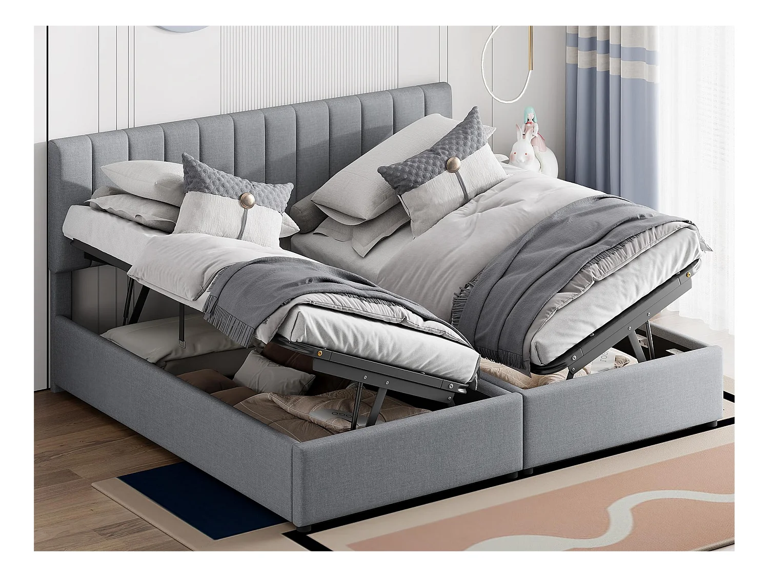 Lit coffre 180 x 200 cm/2 x 90 x 200 cm avec tête de lit - lit modulable - ouverture latérale - tissu lin - gris