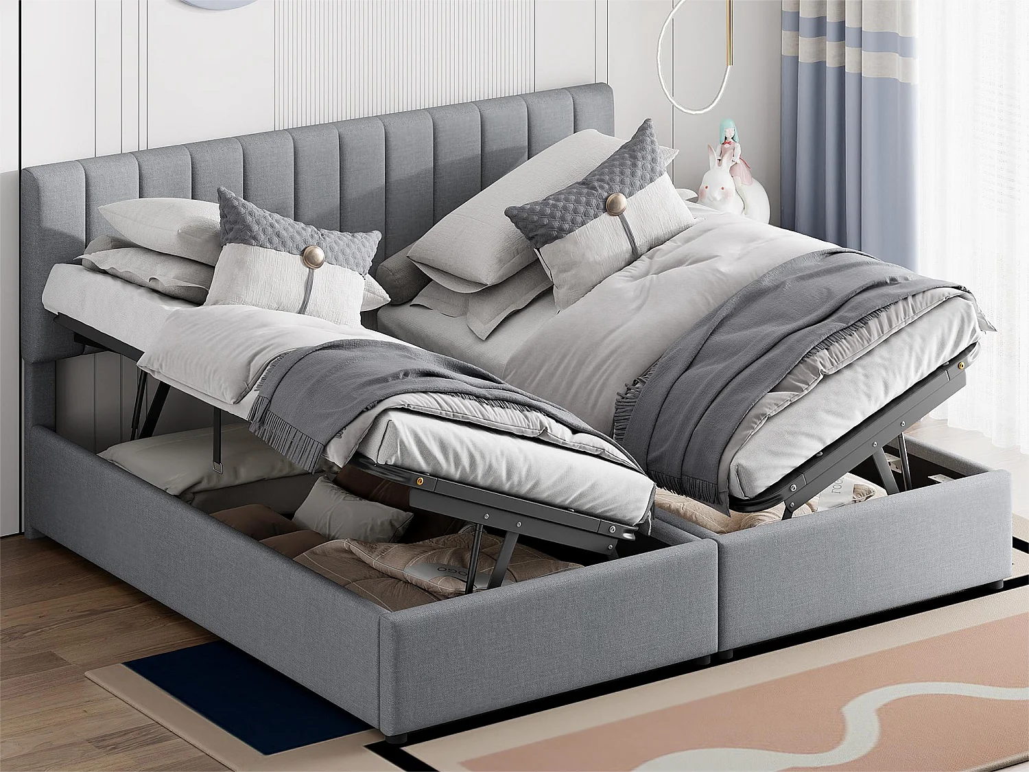 Lit coffre 180 x 200 cm/2 x 90 x 200 cm avec tête de lit - lit modulable - ouverture latérale - tissu lin - gris