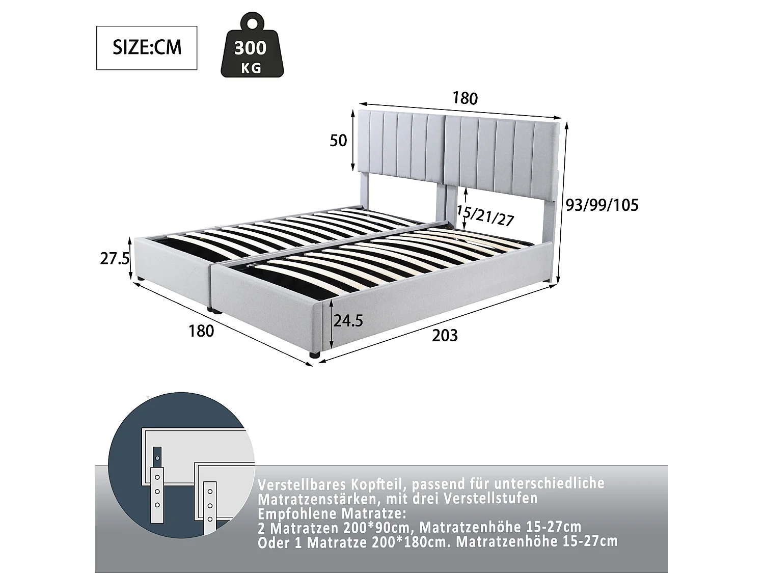Lit coffre 180 x 200 cm/2 x 90 x 200 cm avec tête de lit - lit modulable - ouverture latérale - tissu lin - gris
