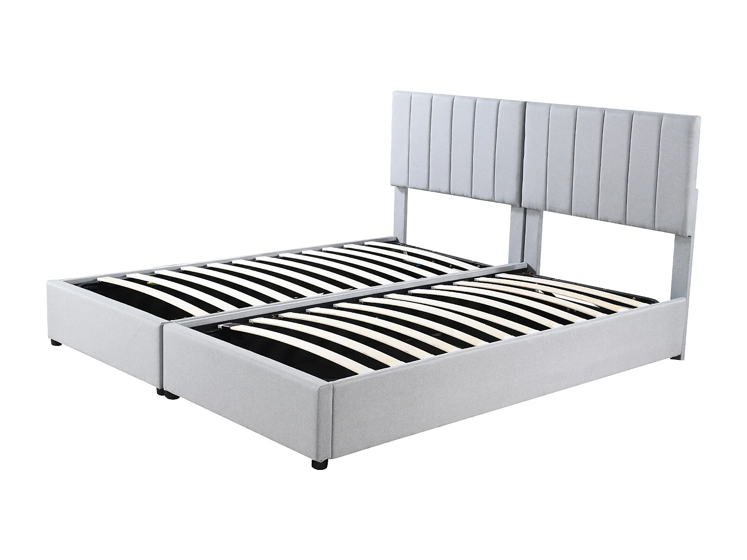 Lit coffre 180 x 200 cm/2 x 90 x 200 cm avec tête de lit - lit modulable - ouverture latérale - tissu lin - gris