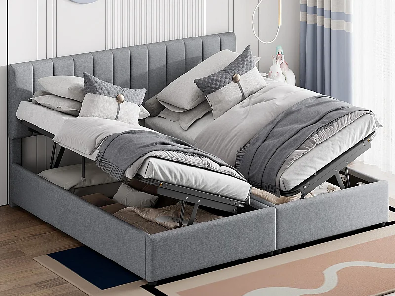 Lit coffre 180 x 200 cm/2 x 90 x 200 cm avec tête de lit - lit modulable - ouverture latérale - tissu lin - gris