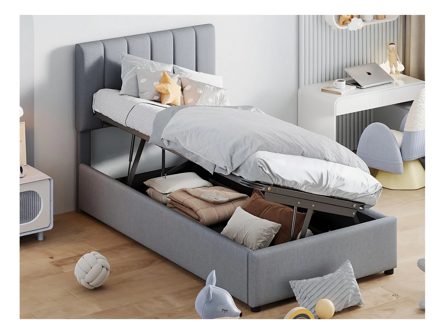 Opbergbed 90 x 200 cm met opbergruimte - linnen stof - lattenbodem - voor kinderen - grijs