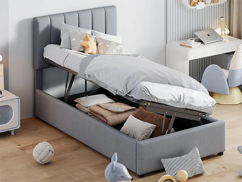 Lit coffre 90 x 200 cm avec espace de rangement - tissu lin - sommier à lattes - pour enfant - gris
