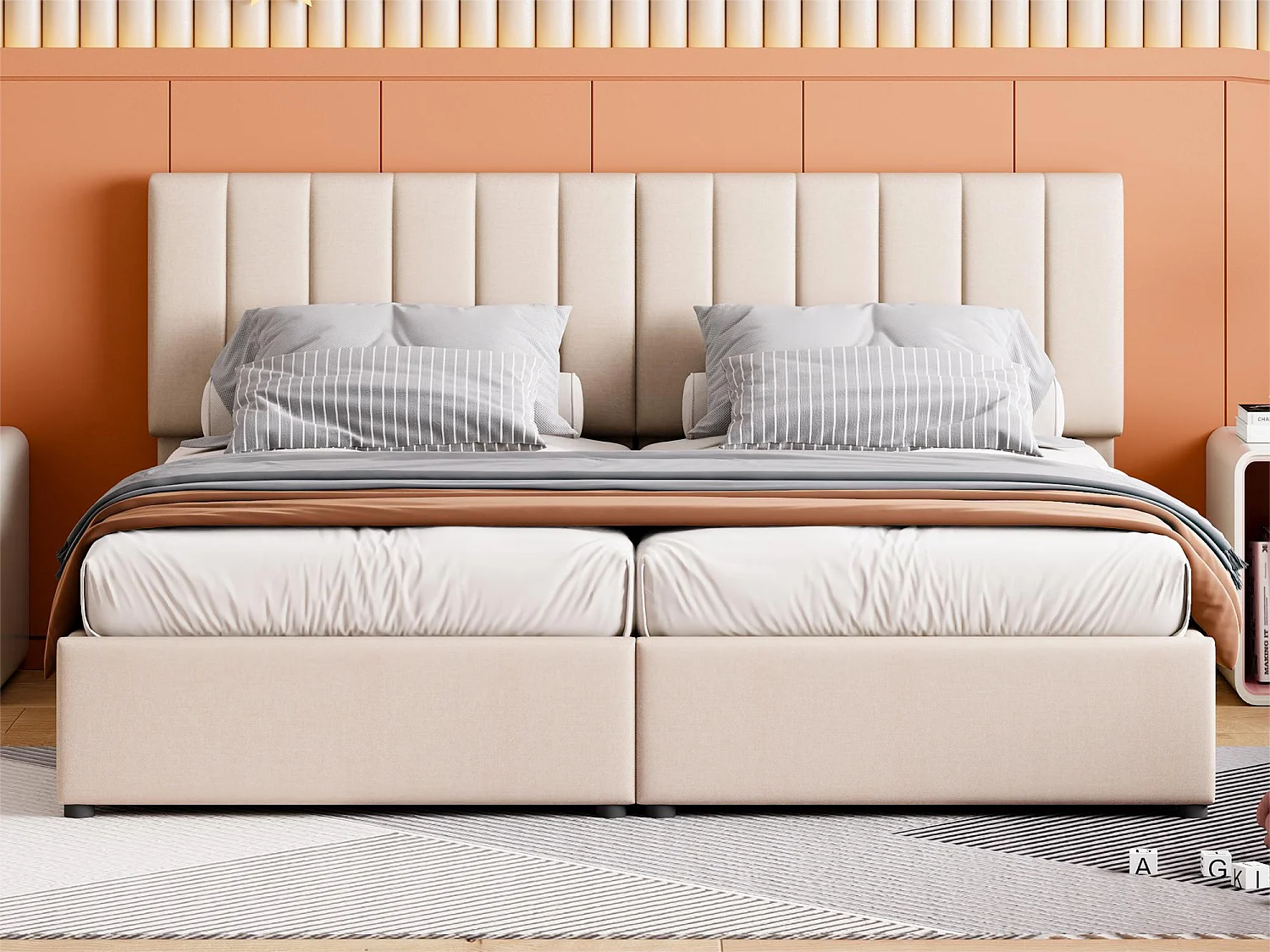 Letto contenitore 180 x 200 cm/2 x 90 x 200 cm con testiera - letto componibile - apertura laterale - tessuto lino - beige