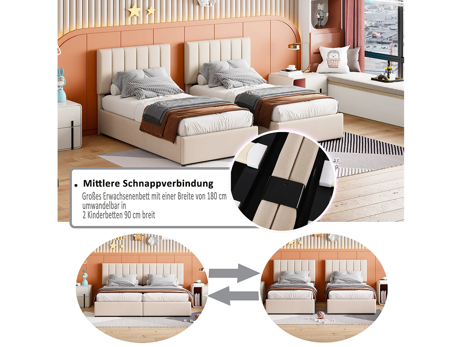 Letto contenitore 180 x 200 cm/2 x 90 x 200 cm con testiera - letto componibile - apertura laterale - tessuto lino - beige