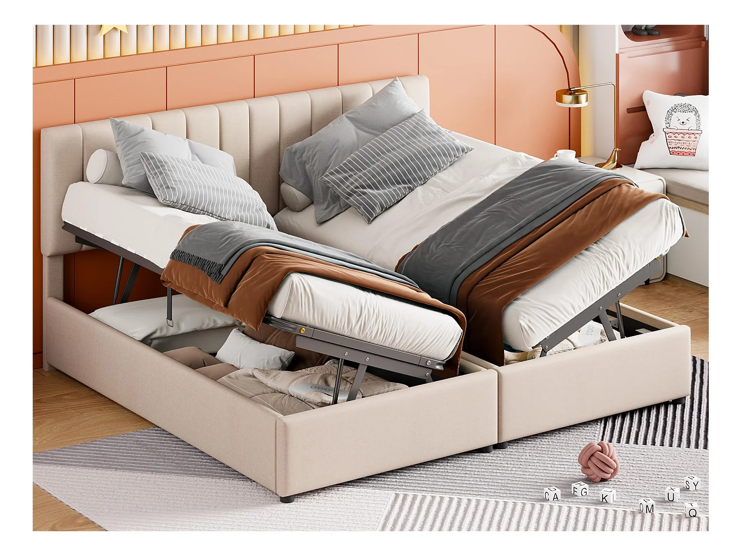 Lit coffre 180 x 200 cm/2 x 90 x 200 cm avec tête de lit - lit modulable - ouverture latérale - tissu lin - beige