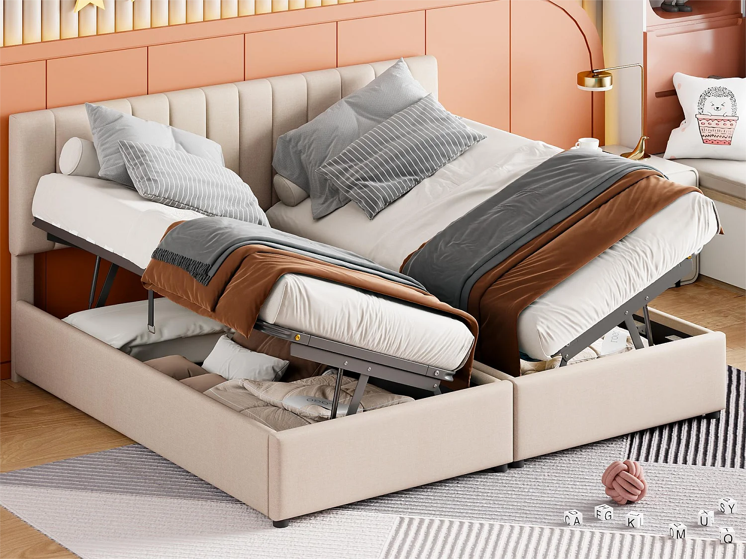 Opbergbed 180 x 200 cm/2 x 90 x 200 cm met hoofdeinde - modulair bed - zijopening - linnen stof - beige