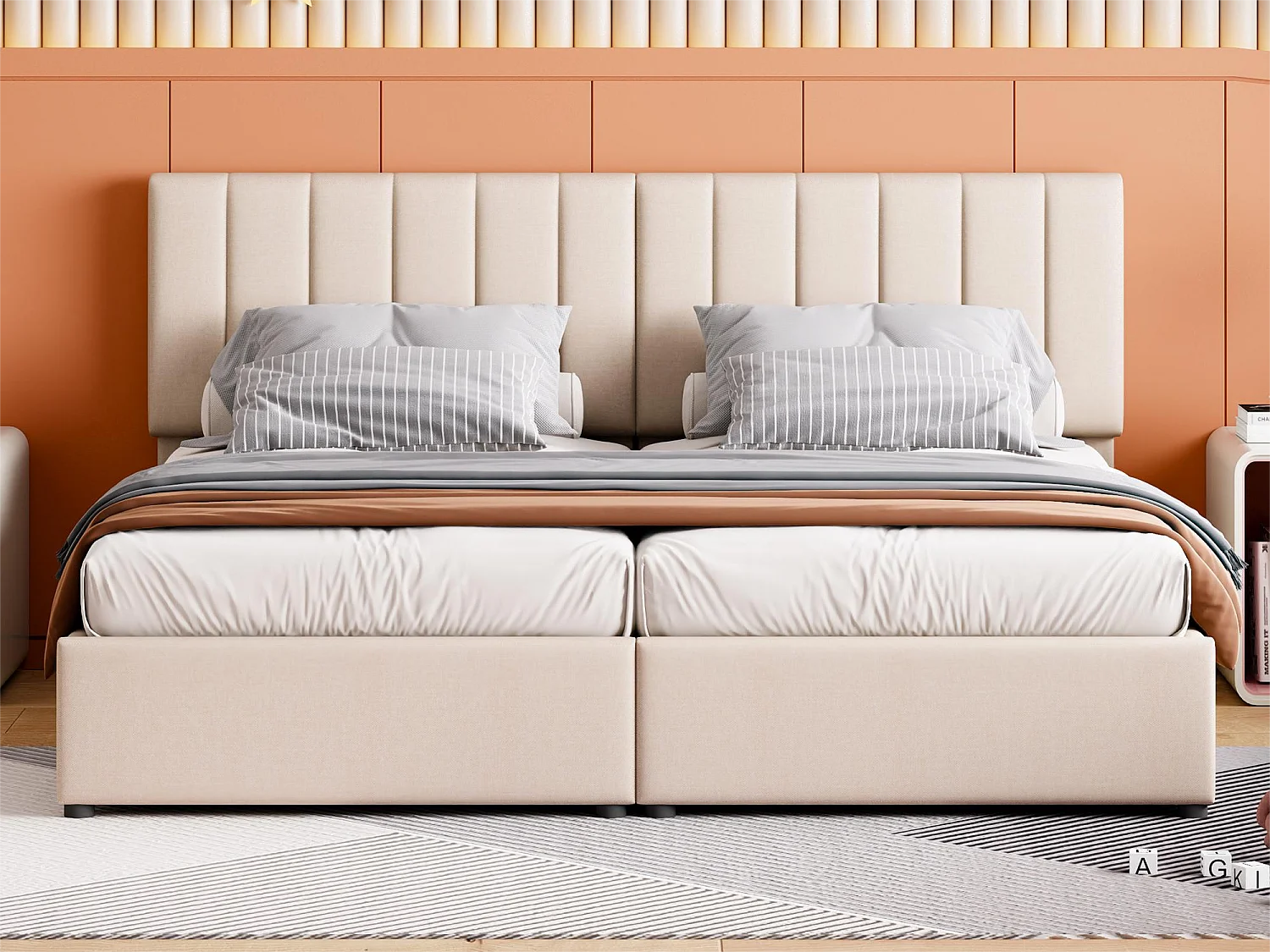 Opbergbed 180 x 200 cm/2 x 90 x 200 cm met hoofdeinde - modulair bed - zijopening - linnen stof - beige