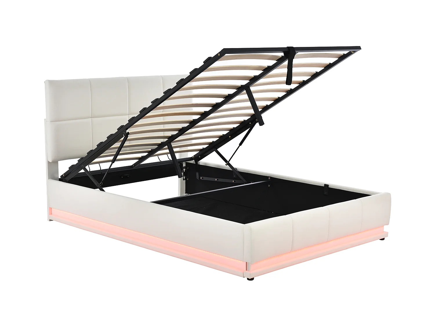 Lit coffre 140 x 200 cm avec tête de lit - similicuir - LEDs - sommier à lattes - style moderne - beige