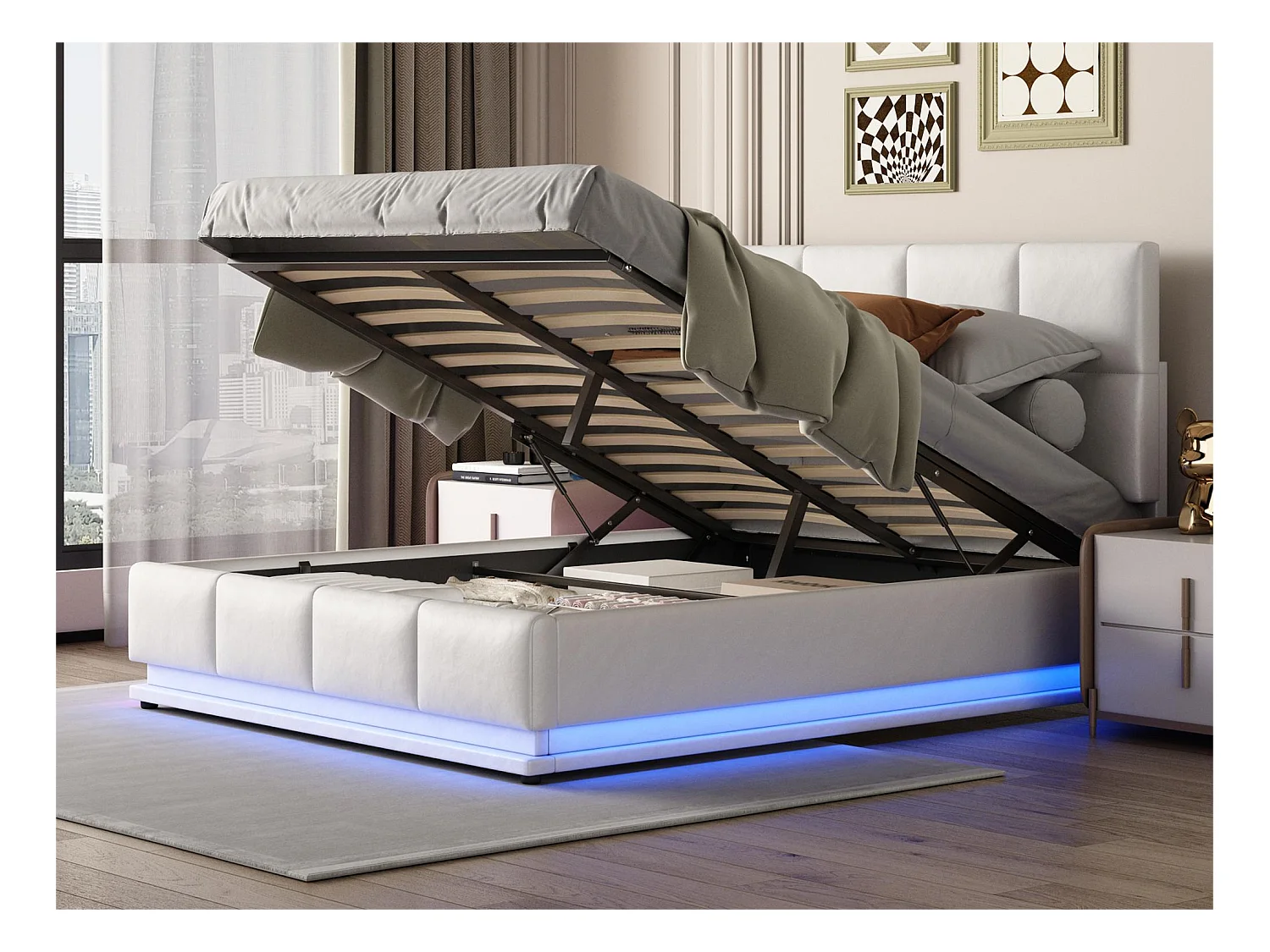 Lit coffre 140 x 200 cm avec tête de lit - similicuir - LEDs - sommier à lattes - style moderne - beige