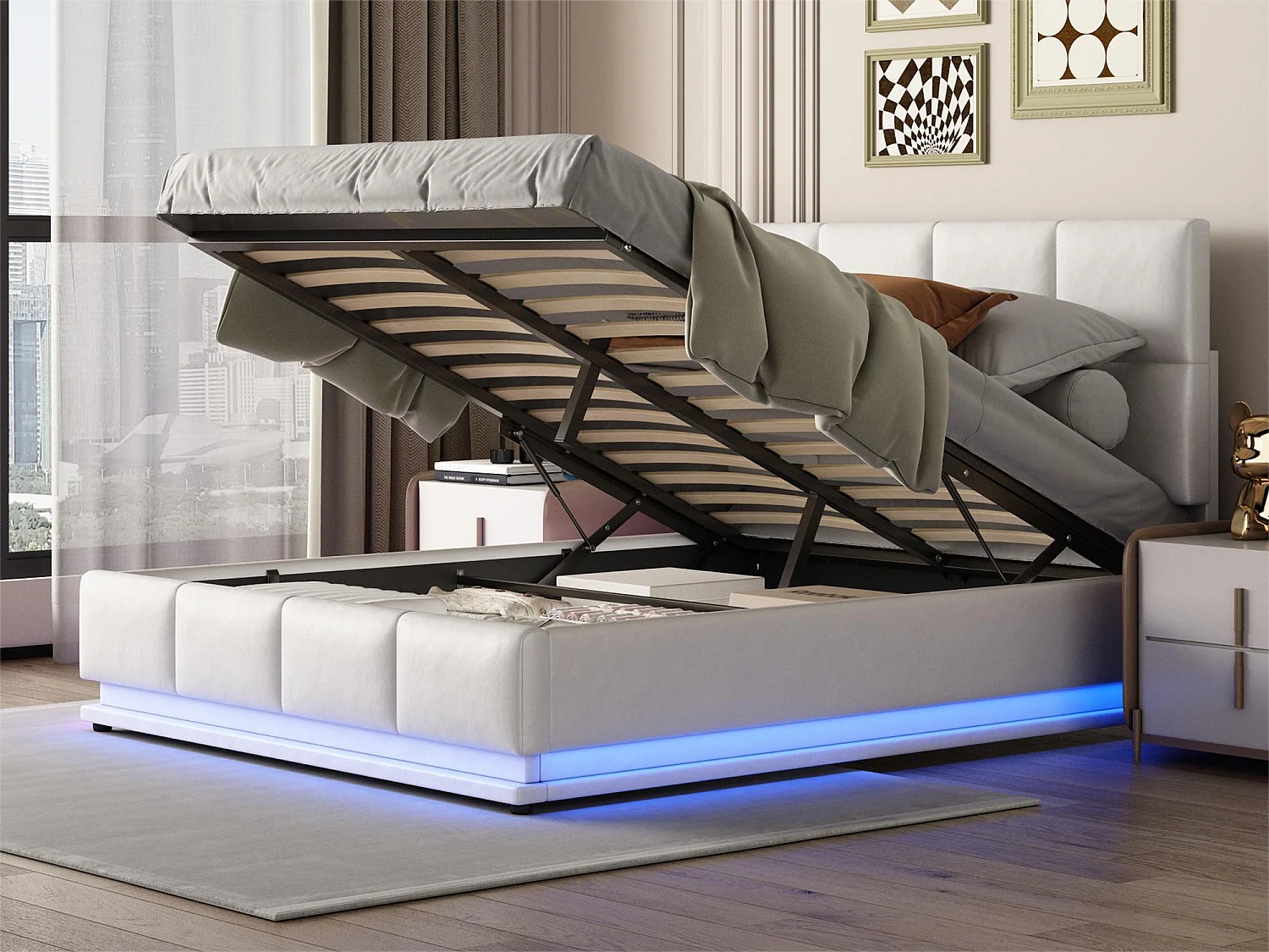 Lit coffre 140 x 200 cm avec tête de lit - similicuir - LEDs - sommier à lattes - style moderne - beige