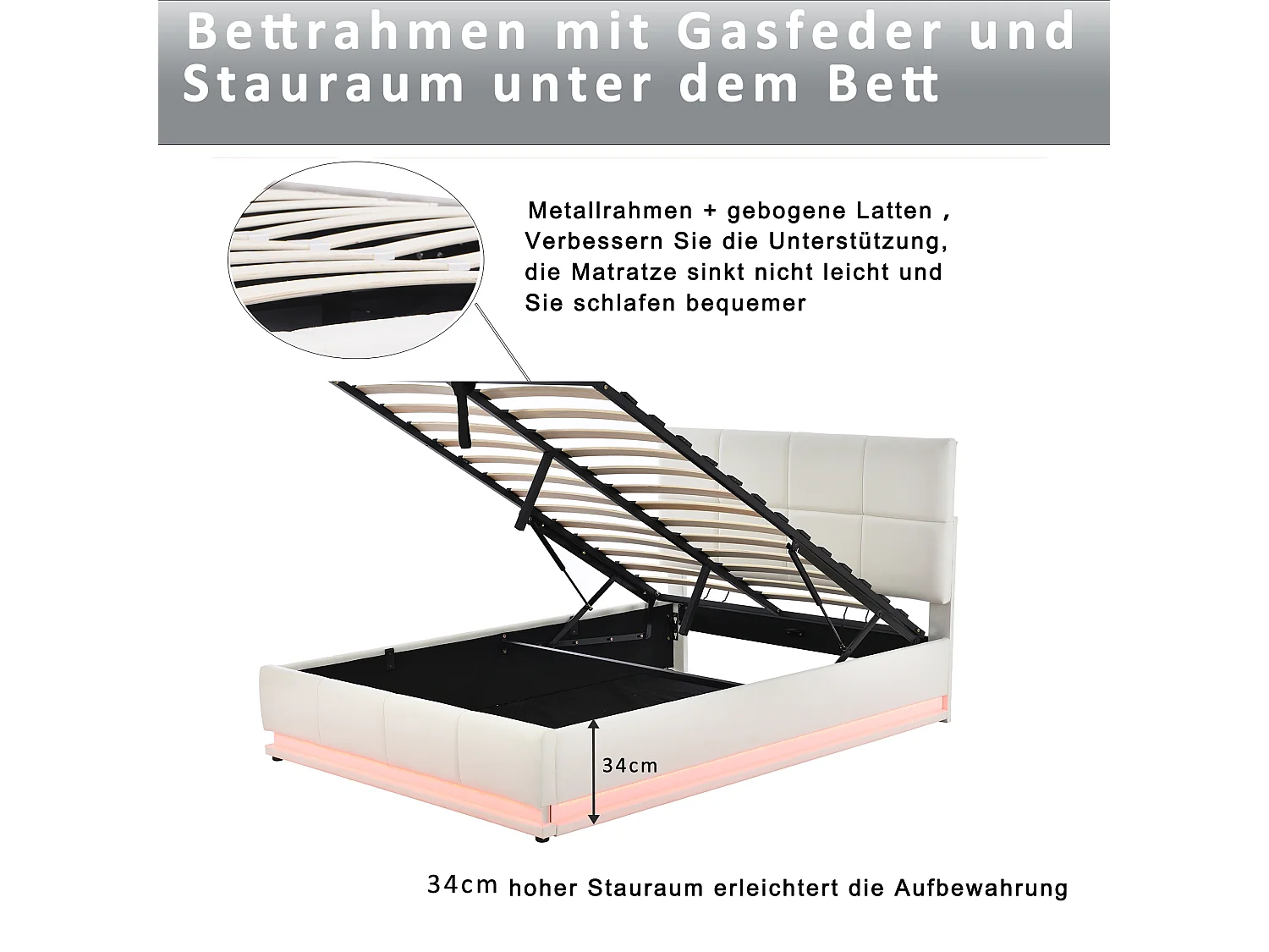 Lit coffre 140 x 200 cm avec tête de lit - similicuir - LEDs - sommier à lattes - style moderne - beige