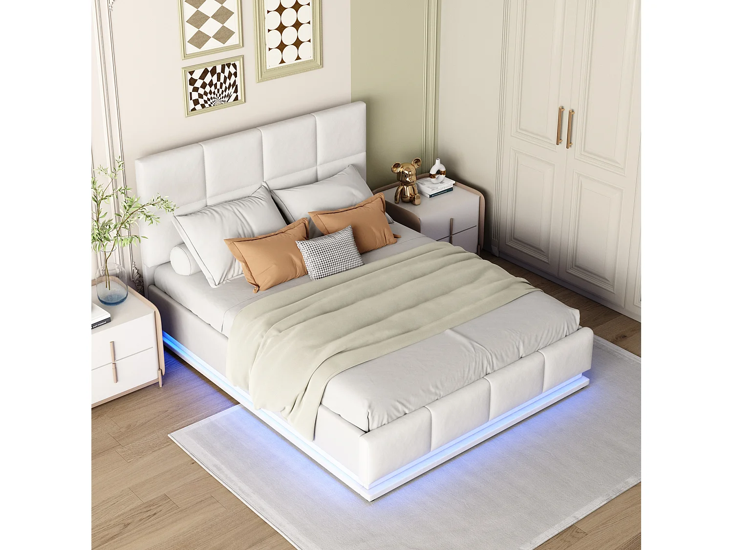 Lit coffre 140 x 200 cm avec tête de lit - similicuir - LEDs - sommier à lattes - style moderne - beige