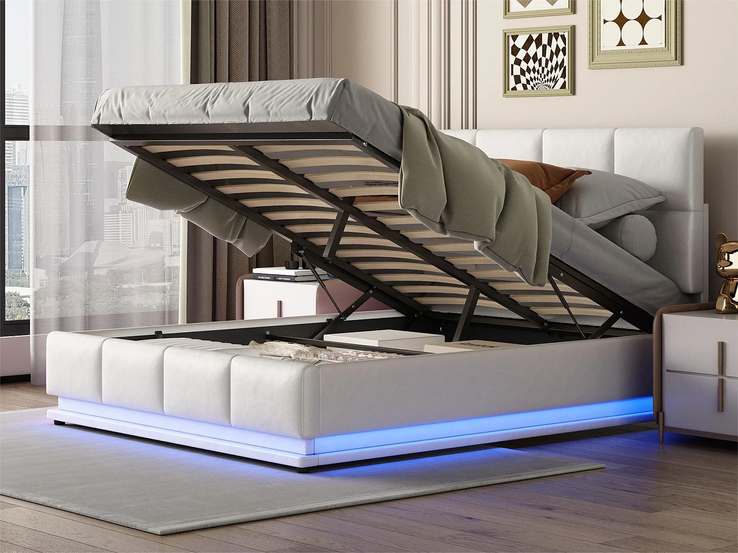 Lit coffre 140 x 200 cm avec tête de lit - similicuir - LEDs - sommier à lattes - style moderne - beige