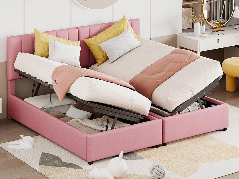 Cama de arrumação 180 x 200 cm/2 x 90 x 200 cm com cabeceira - cama modular - abertura lateral - tecido de linho - rosa