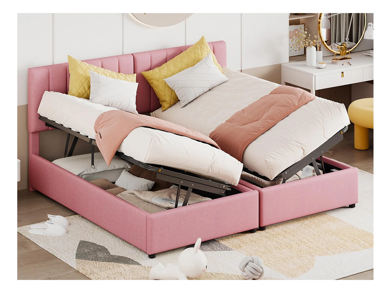Lit coffre 180 x 200 cm/2 x 90 x 200 cm avec tête de lit - lit modulable - ouverture latérale - tissu lin - rose