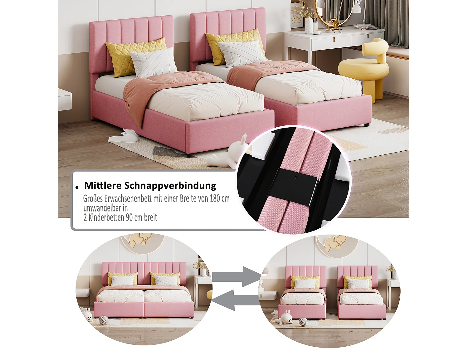 Cama contenedor 180 x 200 cm/2 x 90 x 200 cm con cabecero - cama modular - apertura lateral - tela de lino - rosa