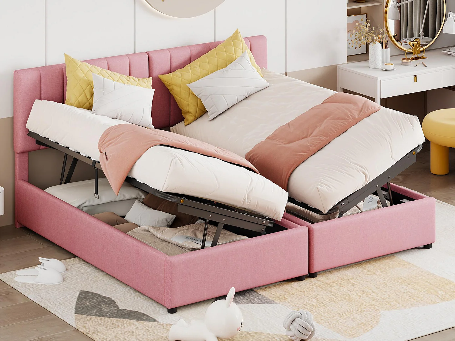 Bett mit Stauraum 180 x 200 cm/2 x 90 x 200 cm mit Kopfteil – modulares Bett – seitliche Öffnung – Leinenstoff – rosa