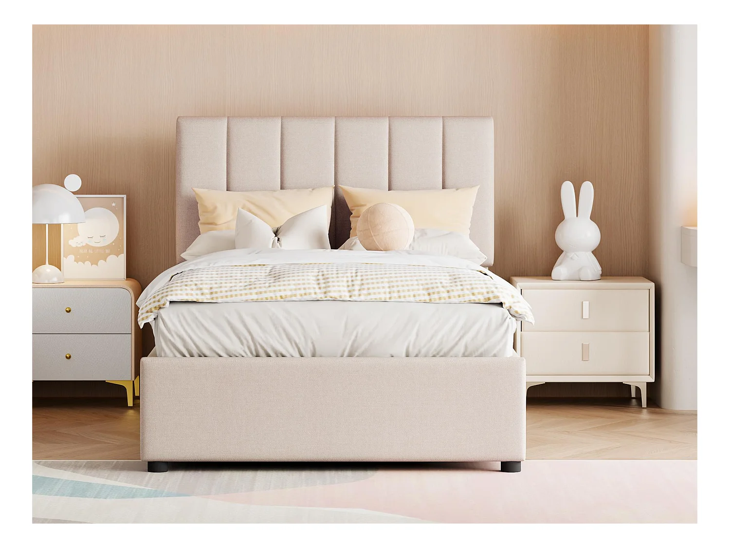 Cama contenedor 90 x 200 cm, tela de lino, color beige