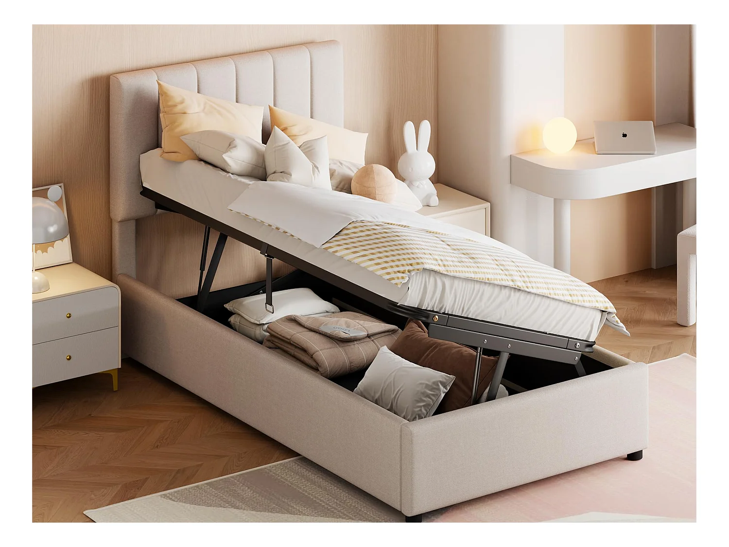 Lit coffre 90 x 200 cm, tissu en lin, coloris beige