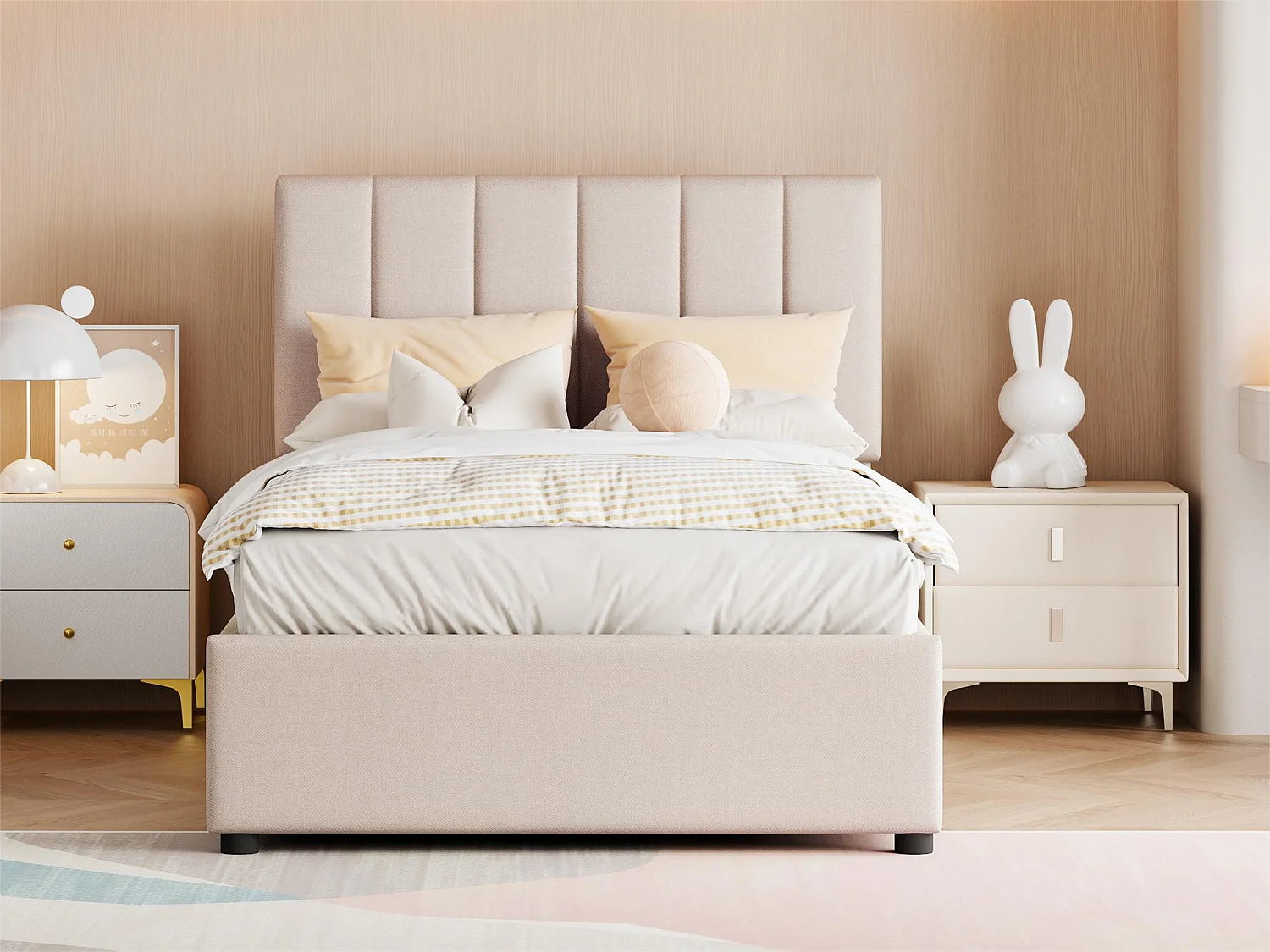 Lit coffre 90 x 200 cm, tissu en lin, coloris beige