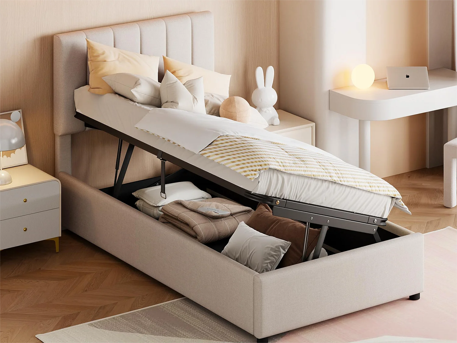 Lit coffre 90 x 200 cm, tissu en lin, coloris beige