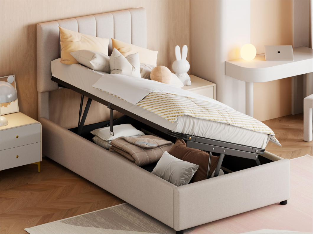 Opbergbed 90 x 200 cm, linnen stof, kleur beige