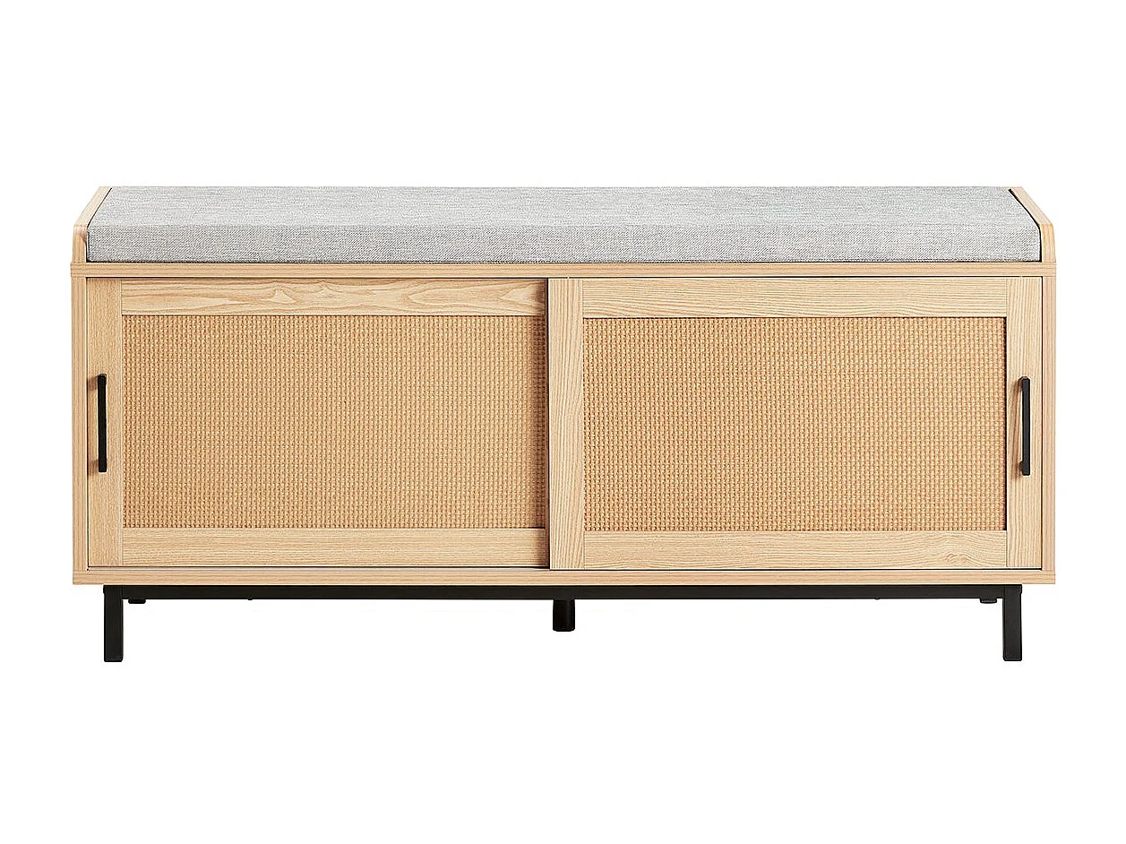 SoBuy FSR154-N Banc à Chaussures avec Coussin Rembourré, 2 Portes Coulissante et Façades Rotin Tissé