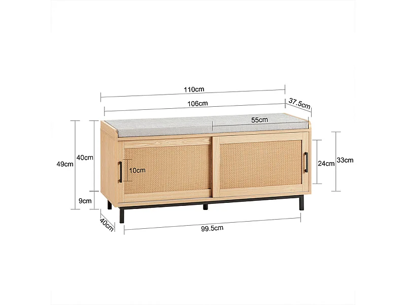 SoBuy FSR154-N Banc à Chaussures avec Coussin Rembourré, 2 Portes Coulissante et Façades Rotin Tissé