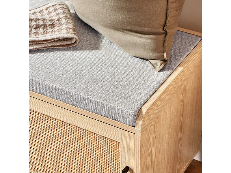 SoBuy FSR154-N Banc à Chaussures avec Coussin Rembourré, 2 Portes Coulissante et Façades Rotin Tissé