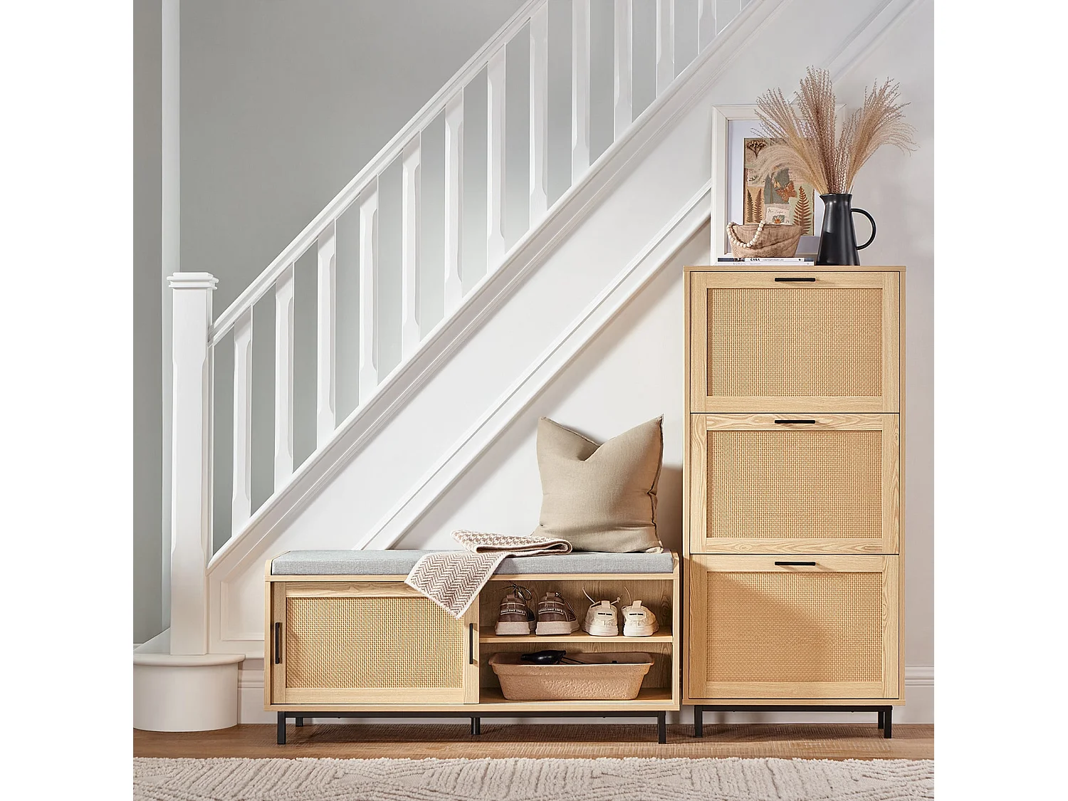 SoBuy FSR154-N Banc à Chaussures avec Coussin Rembourré, 2 Portes Coulissante et Façades Rotin Tissé