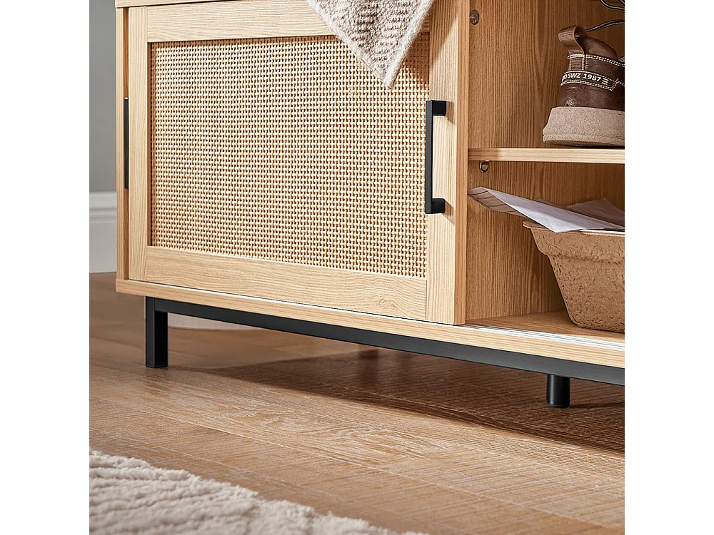 SoBuy FSR154-N Banc à Chaussures avec Coussin Rembourré, 2 Portes Coulissante et Façades Rotin Tissé