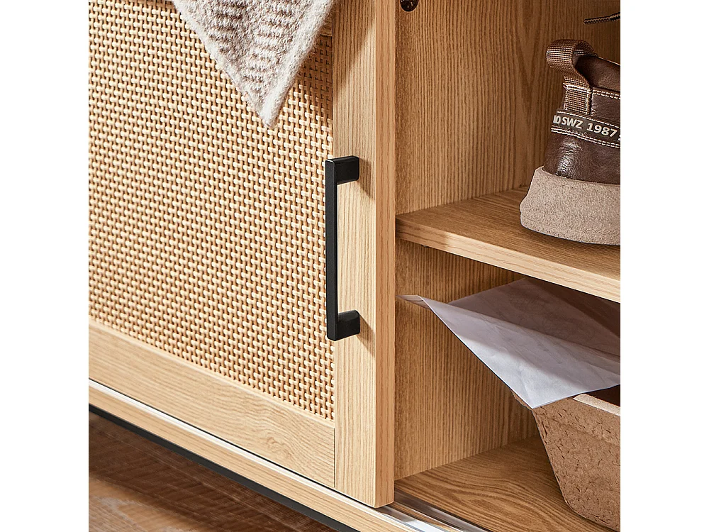 SoBuy FSR154-N Banc à Chaussures avec Coussin Rembourré, 2 Portes Coulissante et Façades Rotin Tissé