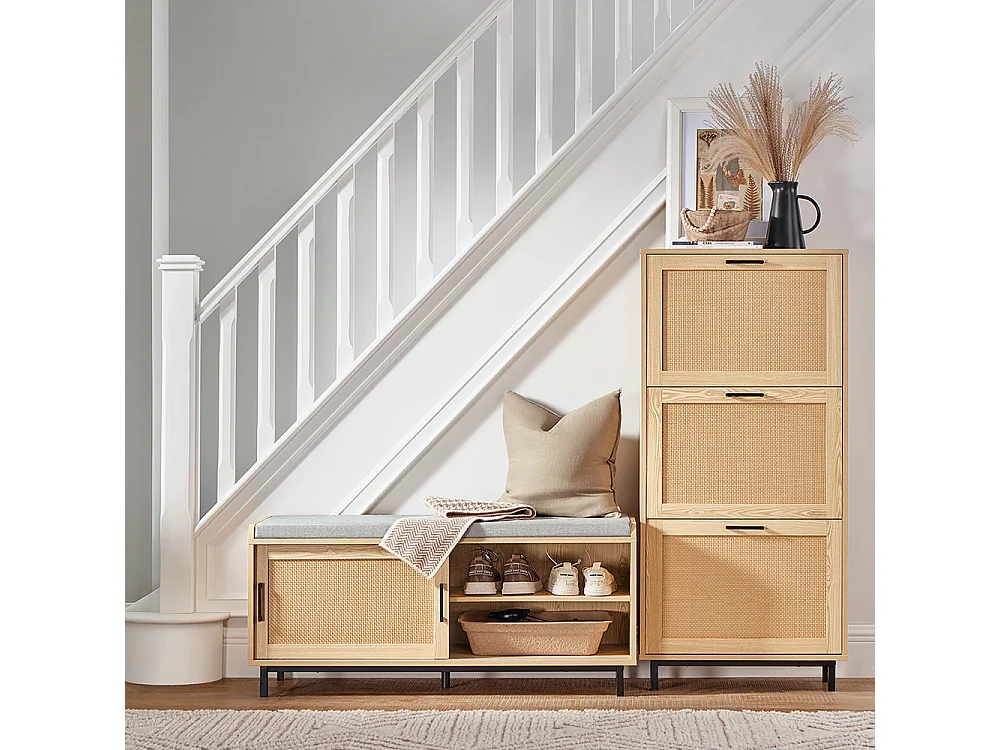 SoBuy FSR154-N Banc à Chaussures avec Coussin Rembourré, 2 Portes Coulissante et Façades Rotin Tissé